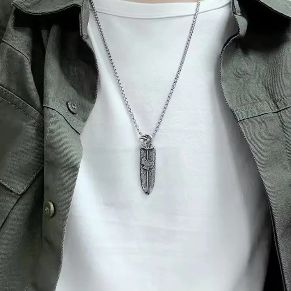 Platinum Plated Eagle Head Feather With Eagle Shaped Piece Bohemian Necklace